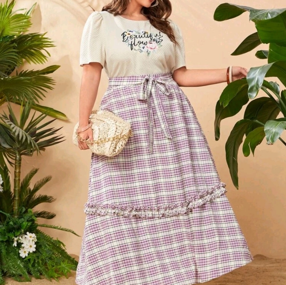 SHEIN Mulvari Plus Floral & Letter Graphic Top & Plaid Ruffle Hem Belted Skirt